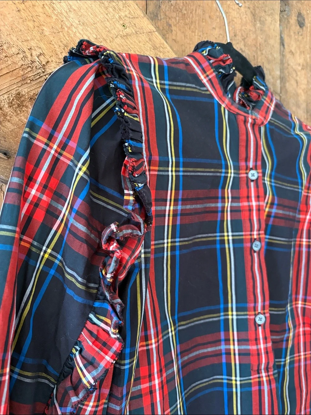 J. Crew Red and Navy Plaid Ruffle-Trim Button-Front Blouse